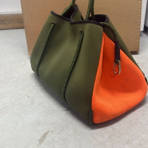 Stylish Olive Green and Orange Tote Bag - Neoprene Tote w Small Orange Clutch - Picture 3 of 6